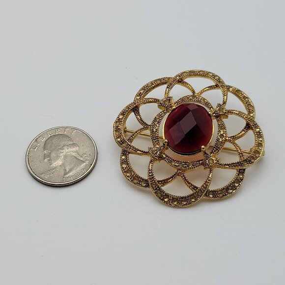 Vintage Monet Flower Brooch Gold Tone Clear And Red Rhinestone 45 mm Signed - Picture 6 of 7